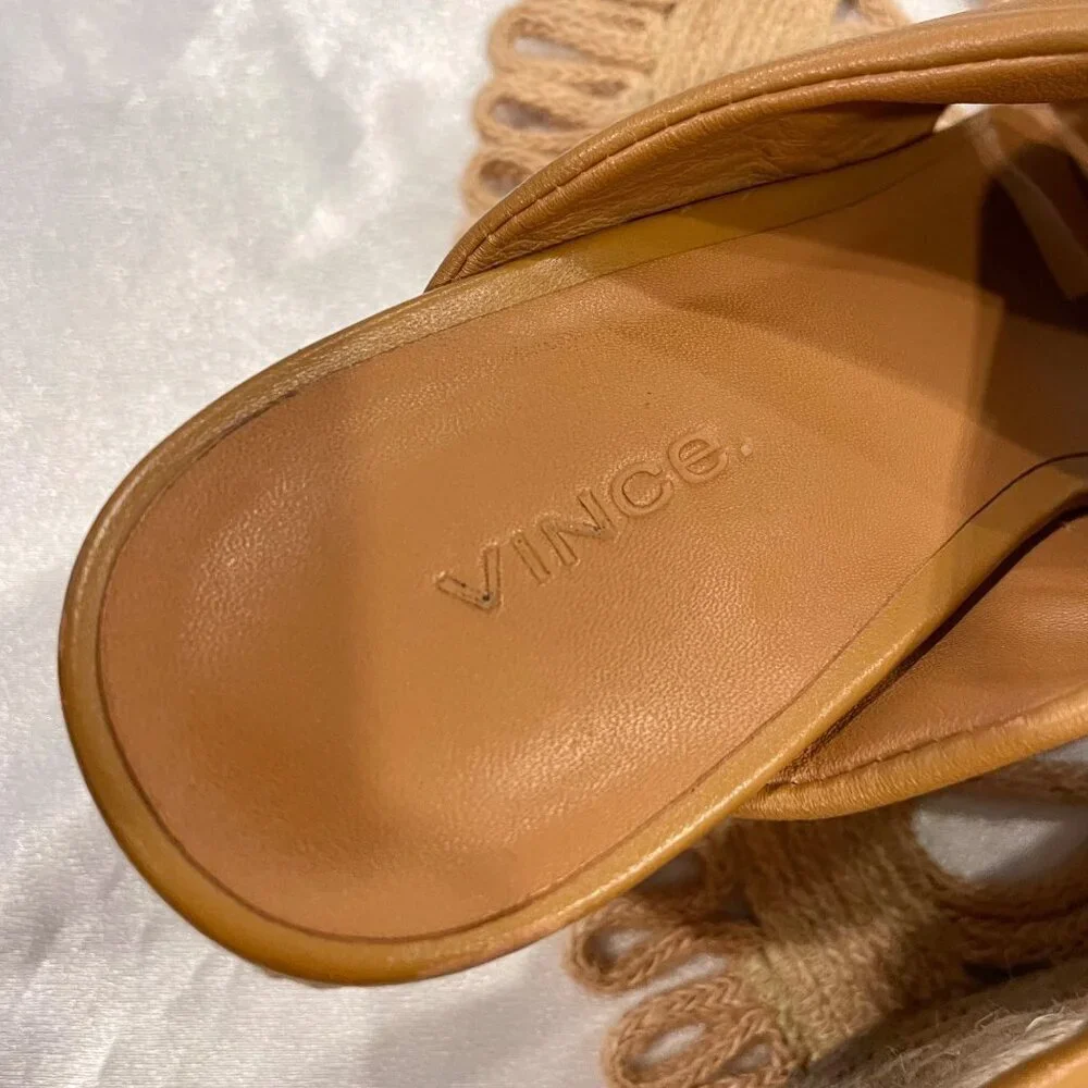 Vince Sylvia Knotted Espadrille Wedge Sandals Camel Leather Size US 9